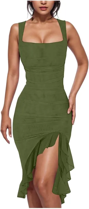 Women's Sexy Ruched Bodycon Midi Dresses Square Neck Sleeveless Side Split Ruffle Hem Cocktail Party Club Dresses