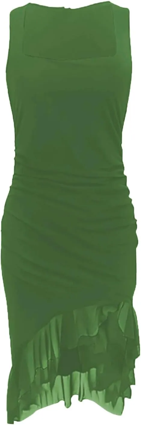 Women's Sexy Ruched Bodycon Midi Dresses Square Neck Sleeveless Side Split Ruffle Hem Cocktail Party Club Dresses