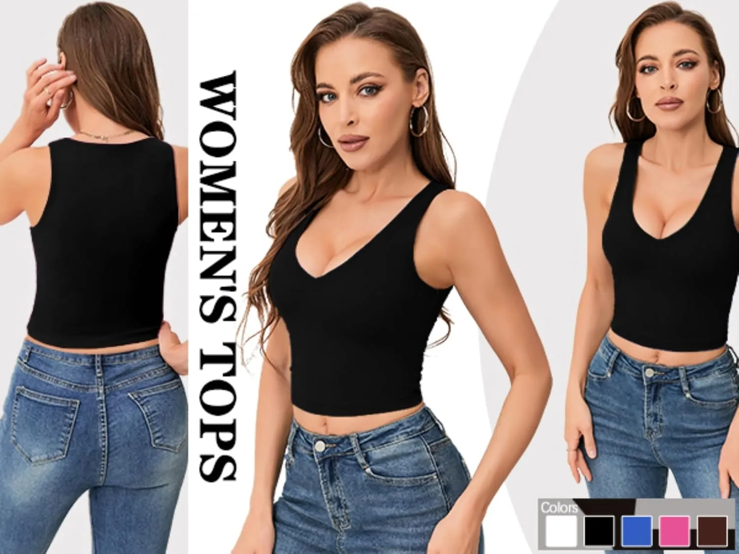 Women's Sexy V Neck Crop Tops Sexy Trendy Double Lined Tank Tops Going Out Sleeveless Basic Top