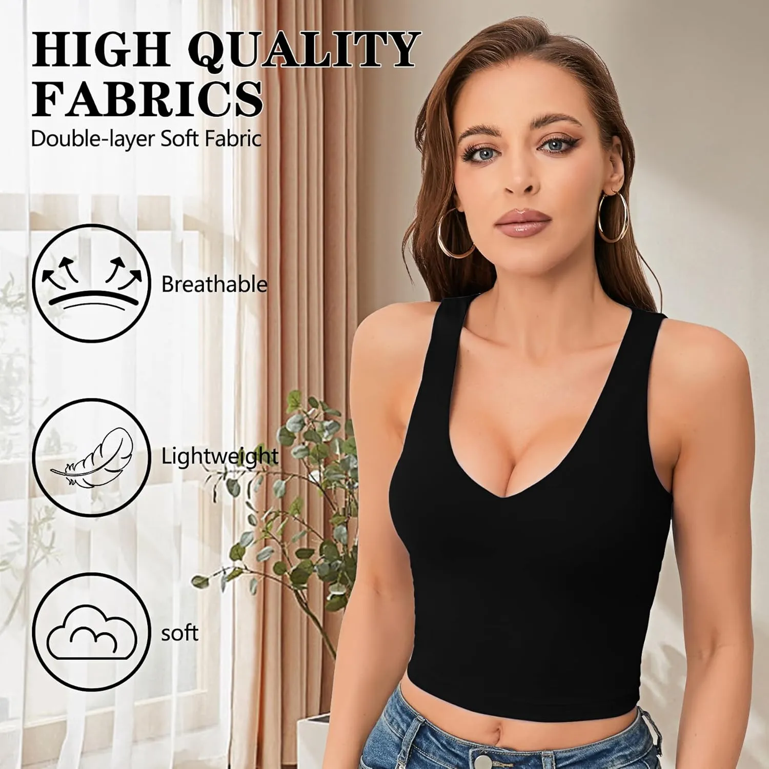 Women's Sexy V Neck Crop Tops Sexy Trendy Double Lined Tank Tops Going Out Sleeveless Basic Top