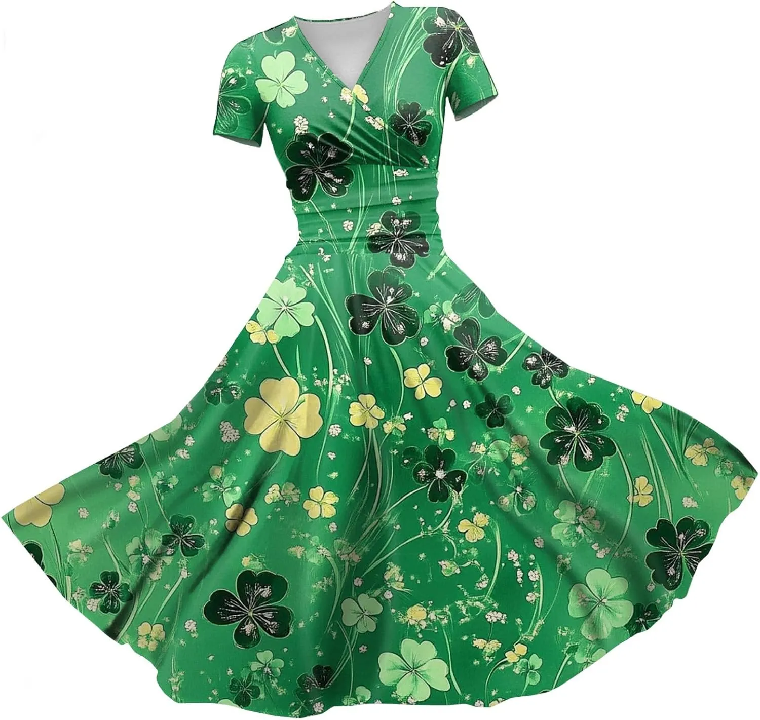 Women's Short Sleeve Loose Dress Comfy Slim V-Neck Daily Waisted Shirred Dressy Casual Shamrock Print Dresses