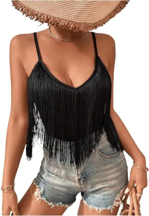 Women's Sleeveless Fringe Camisole Tops V Neck Spaghetti Strap Summer Cami Shirts
