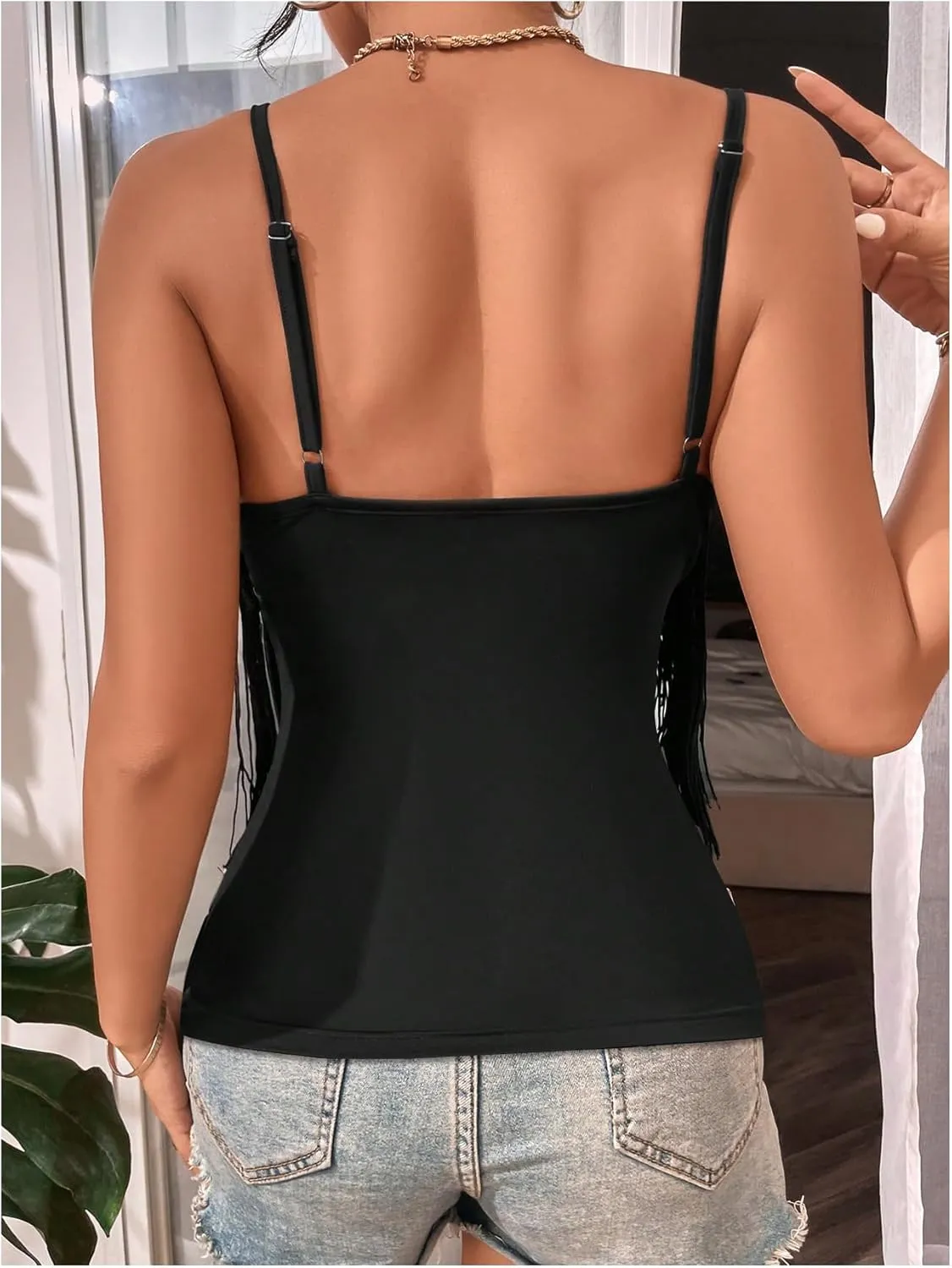 Women's Sleeveless Fringe Camisole Tops V Neck Spaghetti Strap Summer Cami Shirts