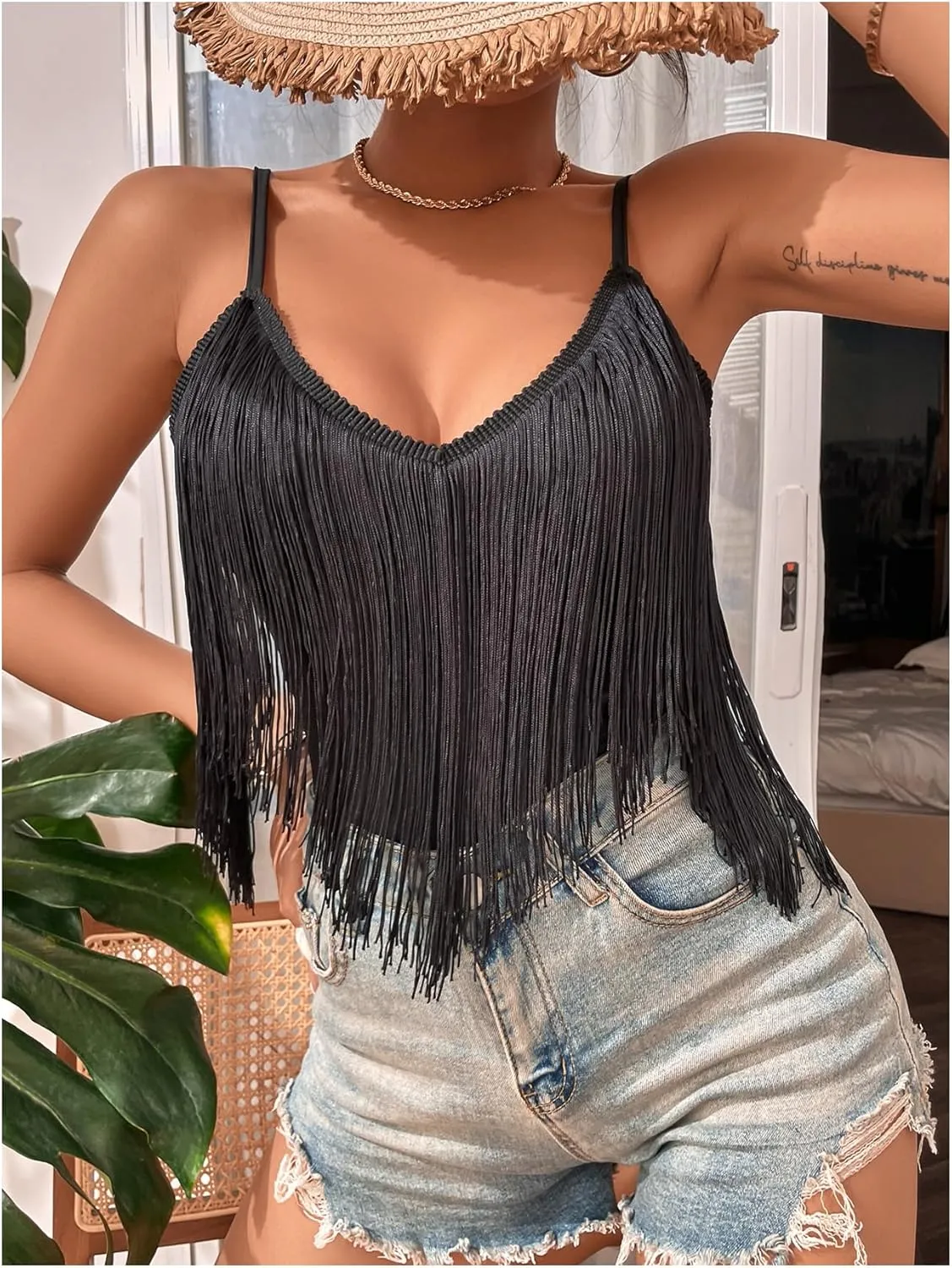 Women's Sleeveless Fringe Camisole Tops V Neck Spaghetti Strap Summer Cami Shirts