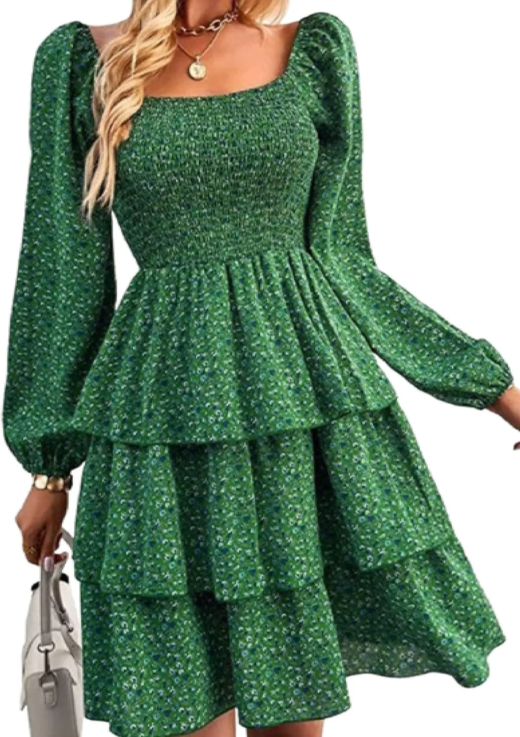 Women's Square Neck Lantern Long Sleeve Print Mini Dress Classy Layer Ruffle Hem A Line Smocked Short Dresses