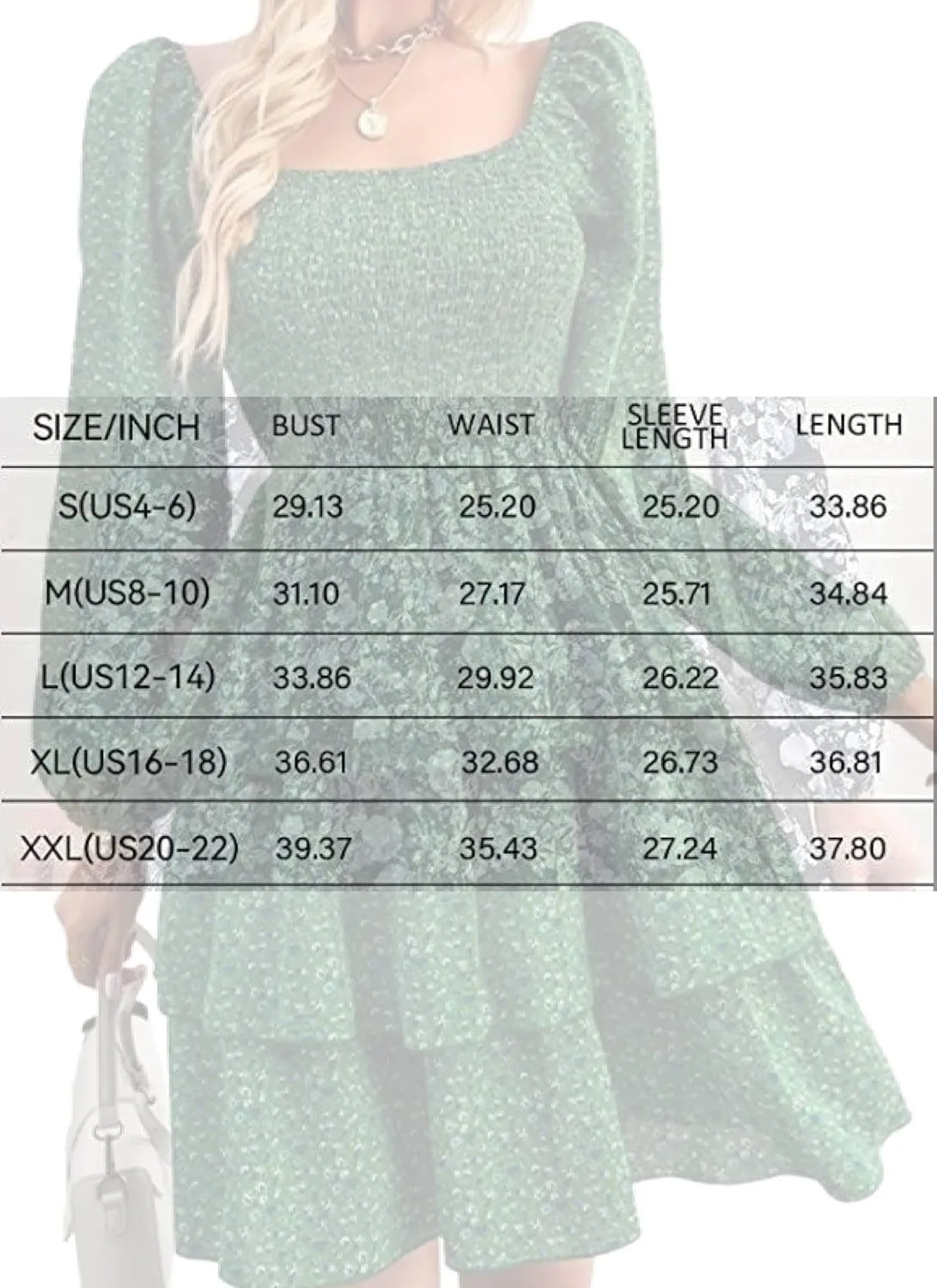 Women's Square Neck Lantern Long Sleeve Print Mini Dress Classy Layer Ruffle Hem A Line Smocked Short Dresses