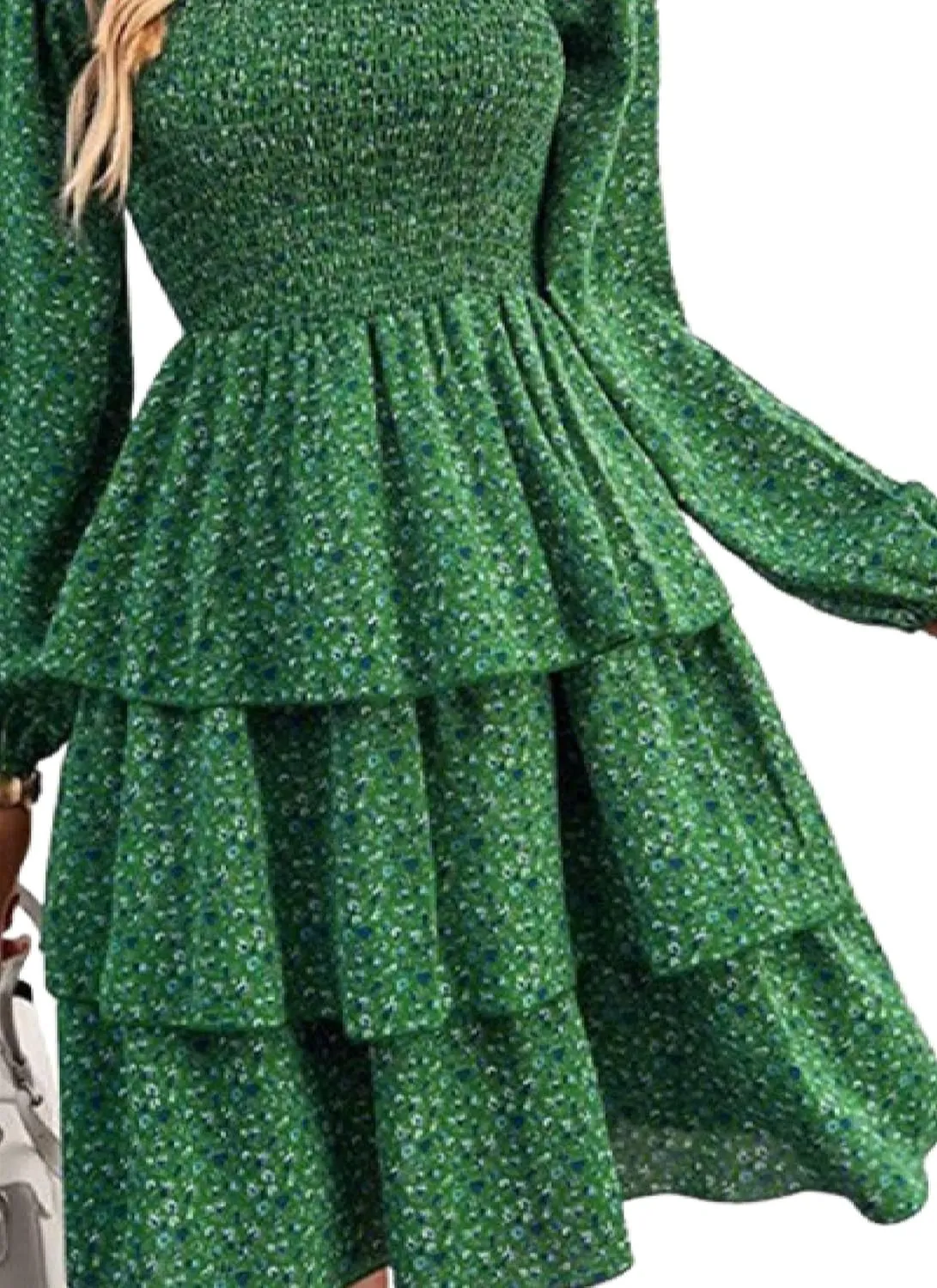 Women's Square Neck Lantern Long Sleeve Print Mini Dress Classy Layer Ruffle Hem A Line Smocked Short Dresses