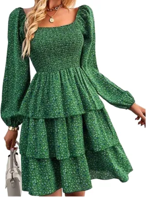 Women's Square Neck Lantern Long Sleeve Print Mini Dress Classy Layer Ruffle Hem A Line Smocked Short Dresses