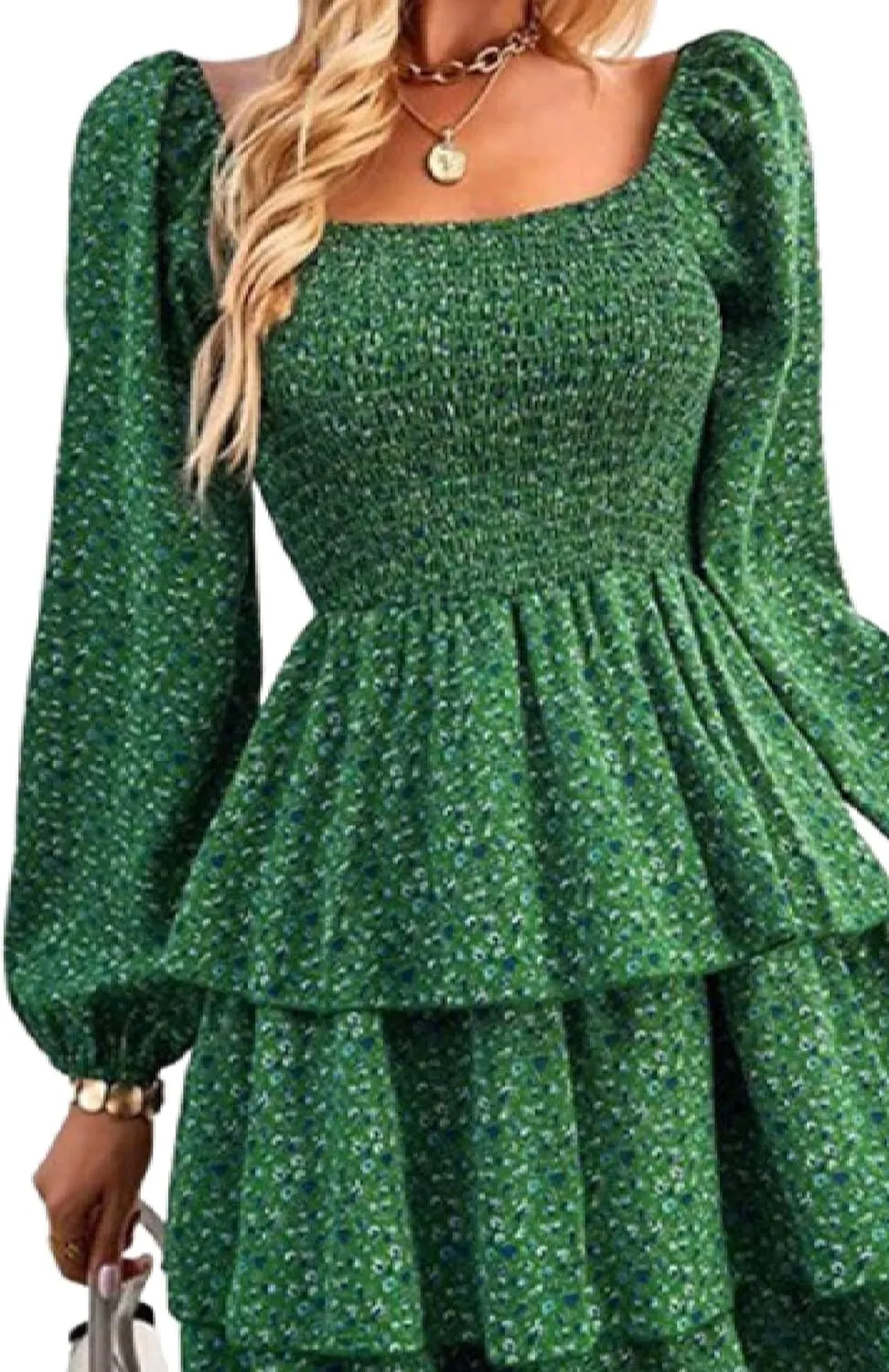 Women's Square Neck Lantern Long Sleeve Print Mini Dress Classy Layer Ruffle Hem A Line Smocked Short Dresses
