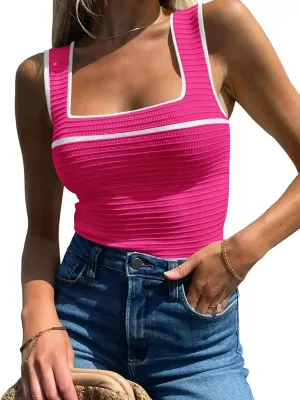Women's Square Neck Tank Top Knit Ribbed Basic Tops Summer Casual Y2K Color Block Sleeveless Cami Tank Tops