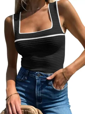Women's Square Neck Tank Top Knit Ribbed Basic Tops Summer Casual Y2K Color Block Sleeveless Cami Tank Tops