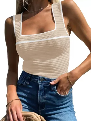 Women's Square Neck Tank Top Knit Ribbed Basic Tops Summer Casual Y2K Color Block Sleeveless Cami Tank Tops