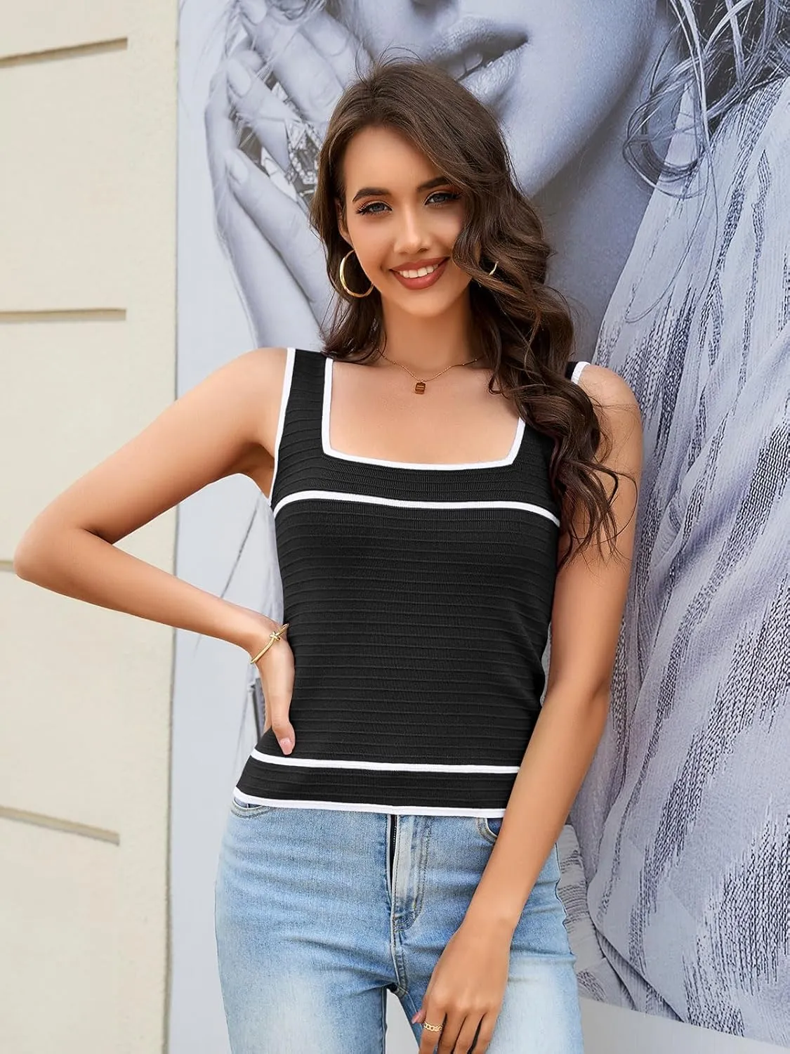 Women's Square Neck Tank Top Knit Ribbed Basic Tops Summer Casual Y2K Color Block Sleeveless Cami Tank Tops