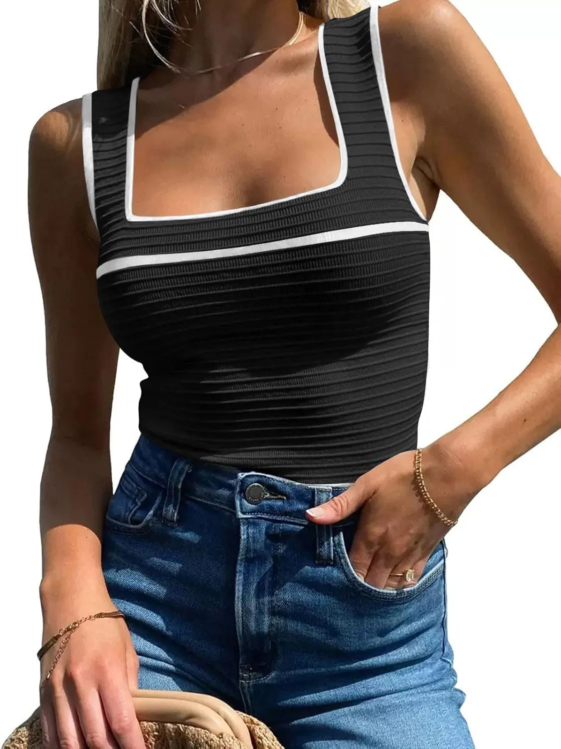 Women's Square Neck Tank Top Knit Ribbed Basic Tops Summer Casual Y2K Color Block Sleeveless Cami Tank Tops