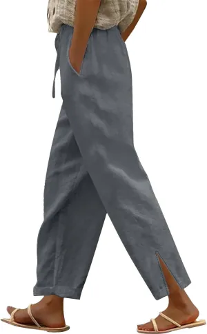 Womens Straight Leg Linen Pants 2025 Summer Casual Beach Pants Lightweight High Waisted Boho Capri Pants with Pockets