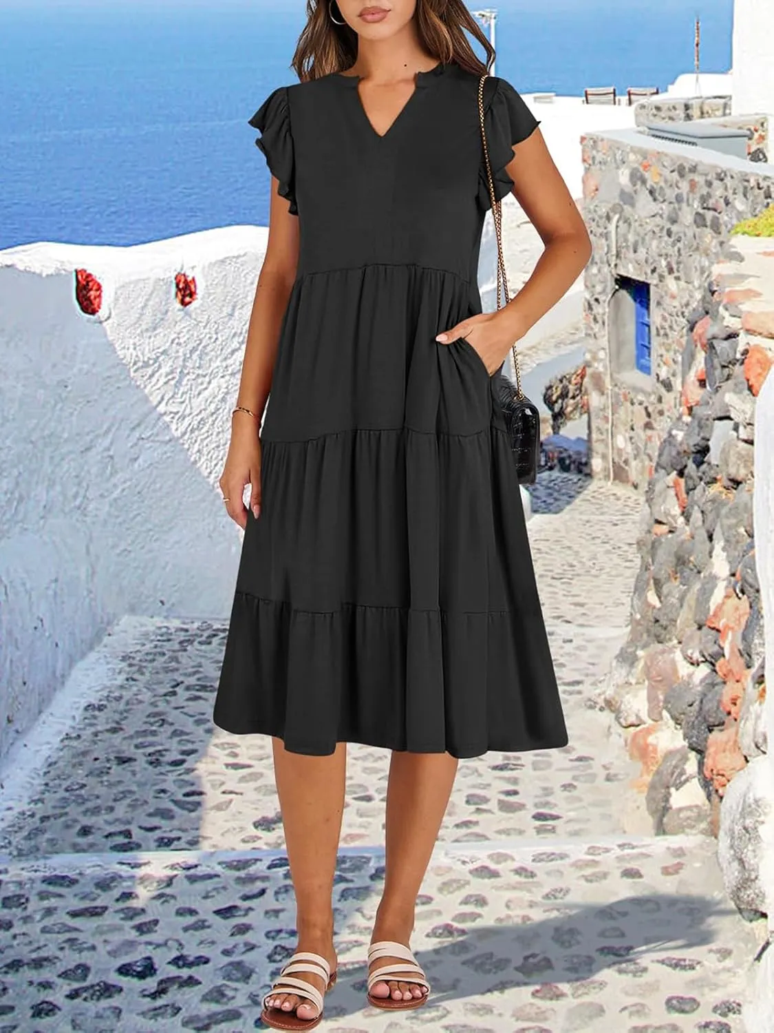 Womens Summer Ruffle Sleeve V Neck Midi Dress 2024 Fashion Casual Fit Flowy Tiered Boho Beach Vacation Sundress