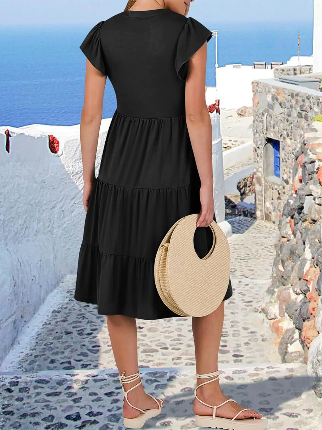 Womens Summer Ruffle Sleeve V Neck Midi Dress 2024 Fashion Casual Fit Flowy Tiered Boho Beach Vacation Sundress