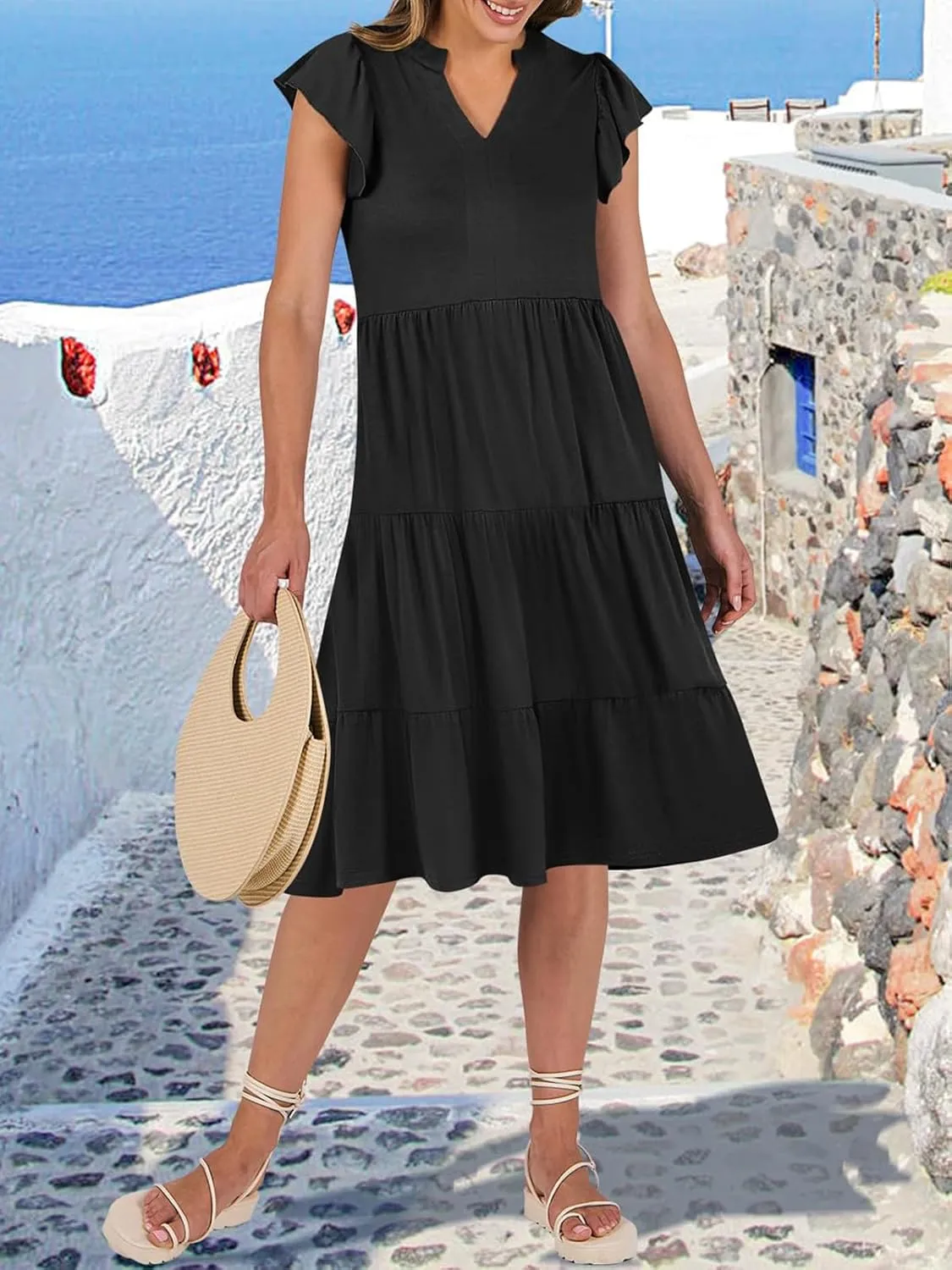 Womens Summer Ruffle Sleeve V Neck Midi Dress 2024 Fashion Casual Fit Flowy Tiered Boho Beach Vacation Sundress