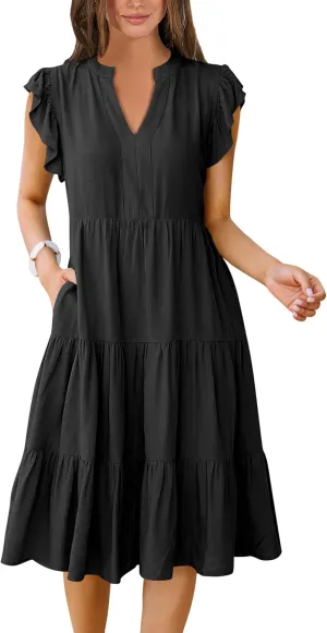 Womens Summer Ruffle Sleeve V Neck Midi Dress 2024 Fashion Casual Fit Flowy Tiered Boho Beach Vacation Sundress