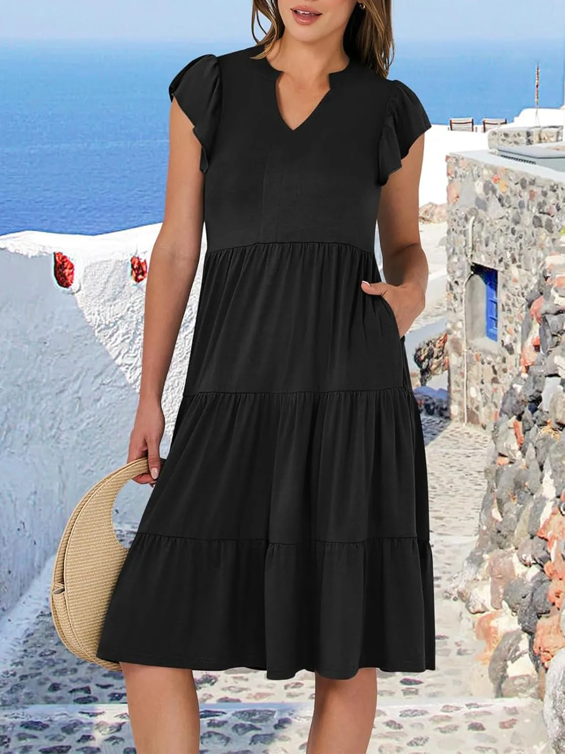 Womens Summer Ruffle Sleeve V Neck Midi Dress 2024 Fashion Casual Fit Flowy Tiered Boho Beach Vacation Sundress