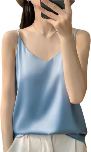 Women's Summer Sleeveless Satin Top Fashion V-Neck Casual Beach Spaghetti Strap Camisoles