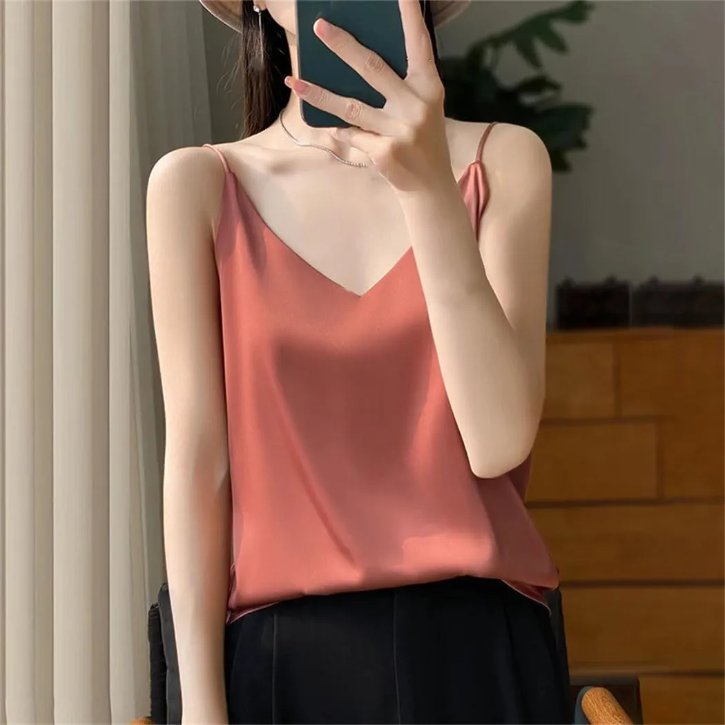 Women's Summer Sleeveless Satin Top Fashion V-Neck Casual Beach Spaghetti Strap Camisoles