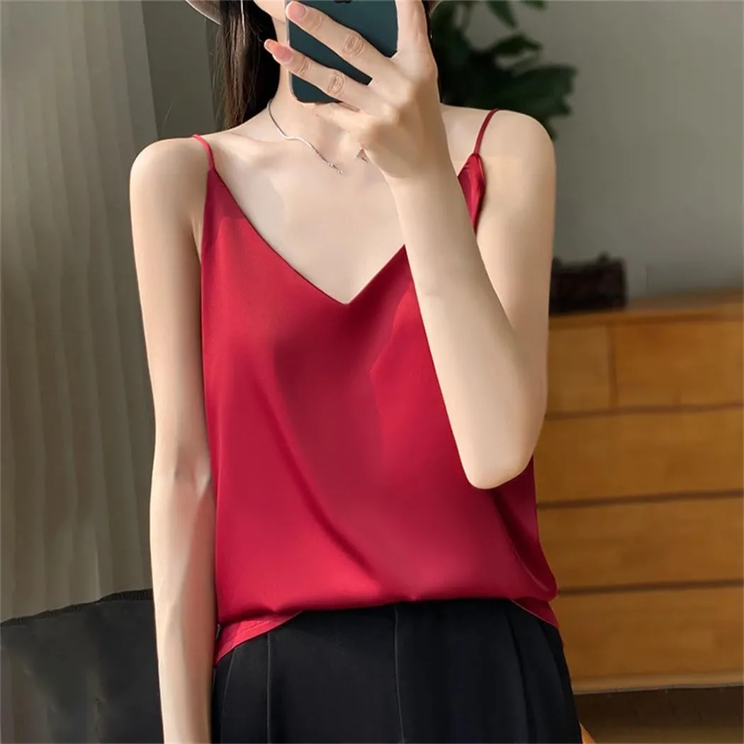 Women's Summer Sleeveless Satin Top Fashion V-Neck Casual Beach Spaghetti Strap Camisoles