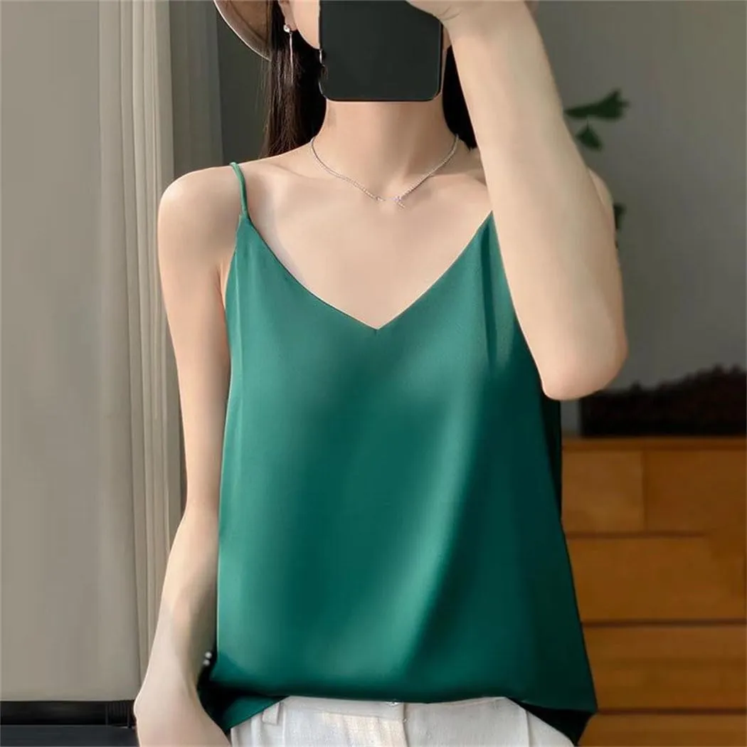 Women's Summer Sleeveless Satin Top Fashion V-Neck Casual Beach Spaghetti Strap Camisoles