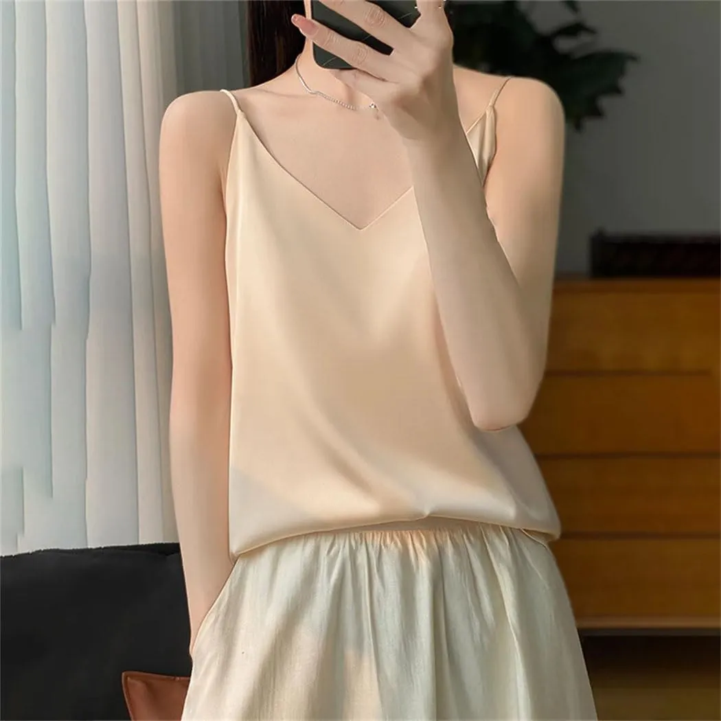 Women's Summer Sleeveless Satin Top Fashion V-Neck Casual Beach Spaghetti Strap Camisoles