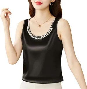 Women's Summer Solid Color Round Neck Beading Sleeveless Commute Loose Pullover Tanks Camisole Tops