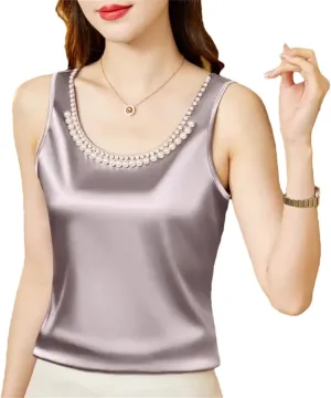 Women's Summer Solid Color Round Neck Beading Sleeveless Commute Loose Pullover Tanks Camisole Tops