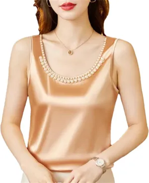Women's Summer Solid Color Round Neck Beading Sleeveless Commute Loose Pullover Tanks Camisole Tops