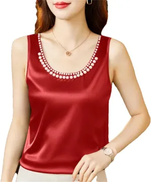 Women's Summer Solid Color Round Neck Beading Sleeveless Commute Loose Pullover Tanks Camisole Tops