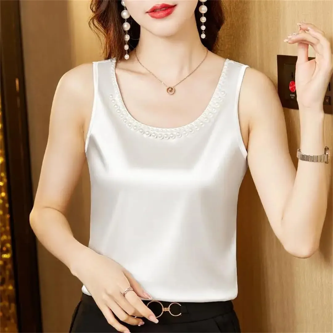 Women's Summer Solid Color Round Neck Beading Sleeveless Commute Loose Pullover Tanks Camisole Tops