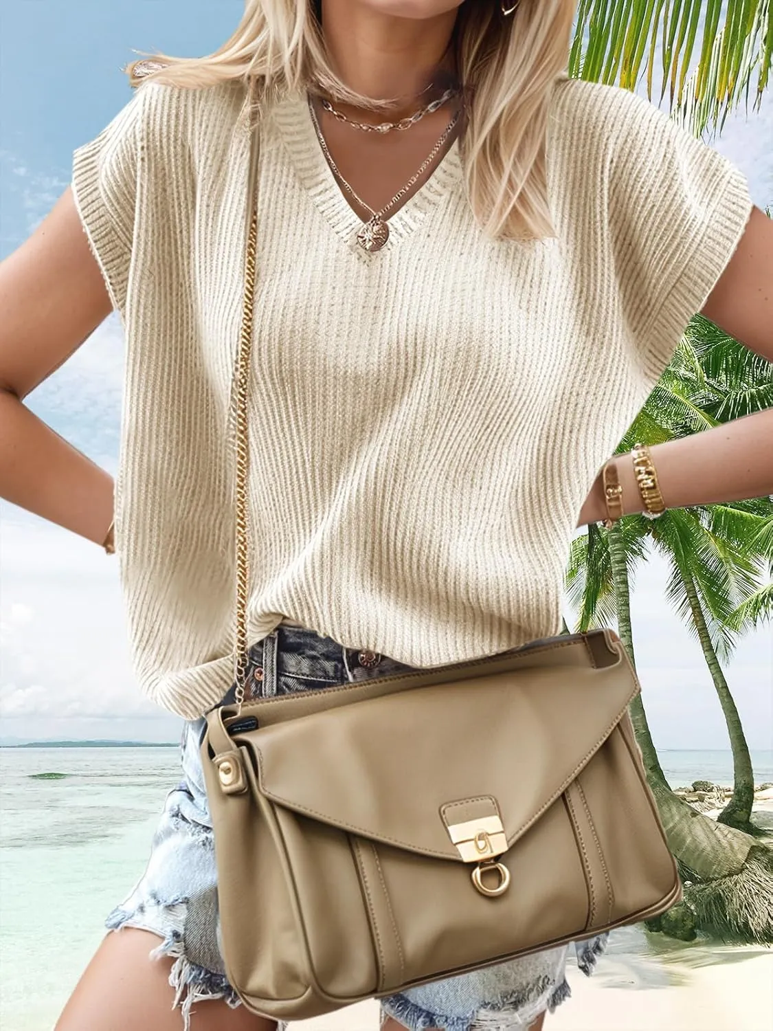 Womens Summer Tops Trendy 2025 Sweater Vest Women Knit Tank Tops V Neck Cap Sleeve Loose Shirts Vacation Casual Outfits