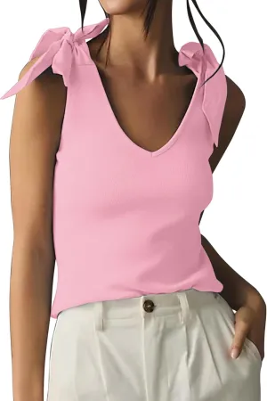 Womens Summer V Neck Tie Shoulder Tank Tops Bow Tie Strap Sleeveless Backless Rib Knit Camisoles Going Out Tops