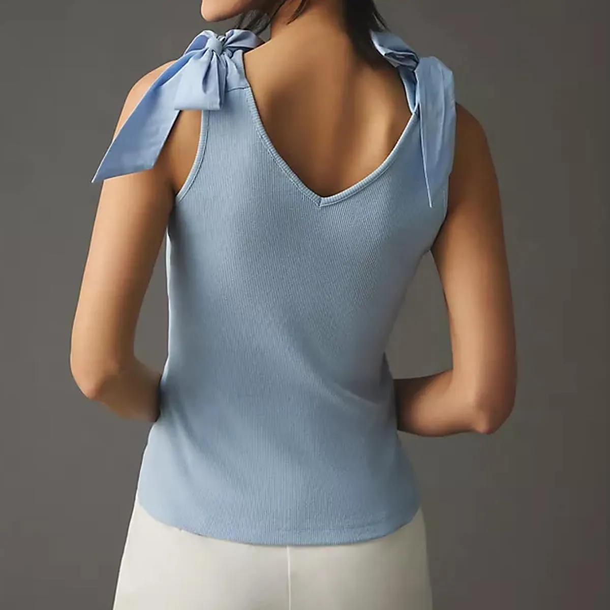 Womens Summer V Neck Tie Shoulder Tank Tops Bow Tie Strap Sleeveless Backless Rib Knit Camisoles Going Out Tops