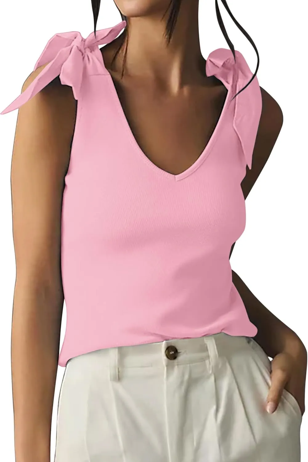 Womens Summer V Neck Tie Shoulder Tank Tops Bow Tie Strap Sleeveless Backless Rib Knit Camisoles Going Out Tops