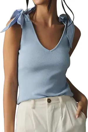 Womens Summer V Neck Tie Shoulder Tank Tops Bow Tie Strap Sleeveless Backless Rib Knit Camisoles Going Out Tops
