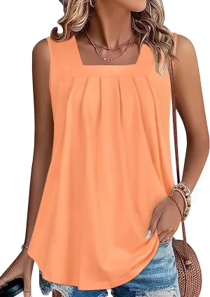 Womens Tank Tops Summer Square Neck Pleated Sleeveless Top Casual Loose Fit Basic Shirts