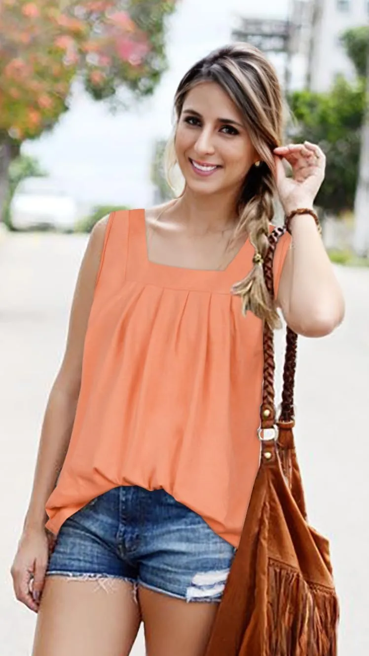 Womens Tank Tops Summer Square Neck Pleated Sleeveless Top Casual Loose Fit Basic Shirts