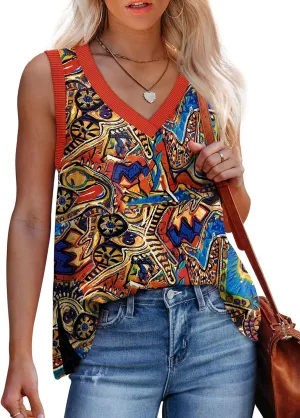 Womens Tank Tops Summer V Neck Loose Fit Casual Basic Side Split Sleeveless