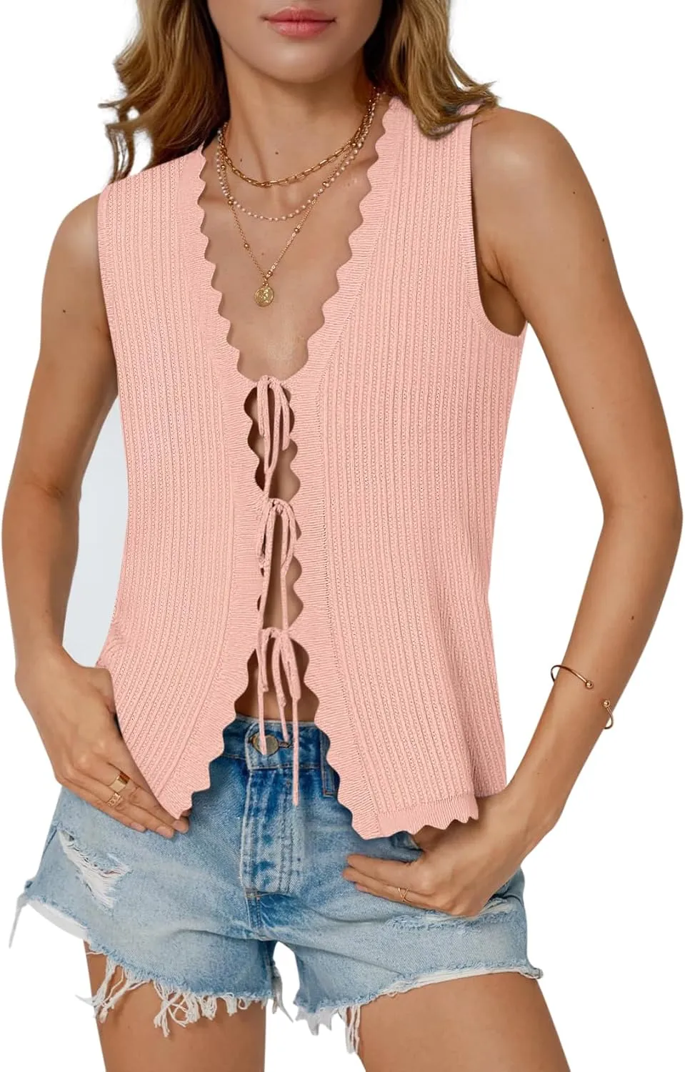 Womens Tie Front Tops Trendy 2025 Summer V Neck Sleeveless Sweater Vests Fashion Cute Crochet Knit Tops