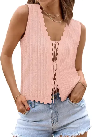 Womens Tie Front Tops Trendy 2025 Summer V Neck Sleeveless Sweater Vests Fashion Cute Crochet Knit Tops