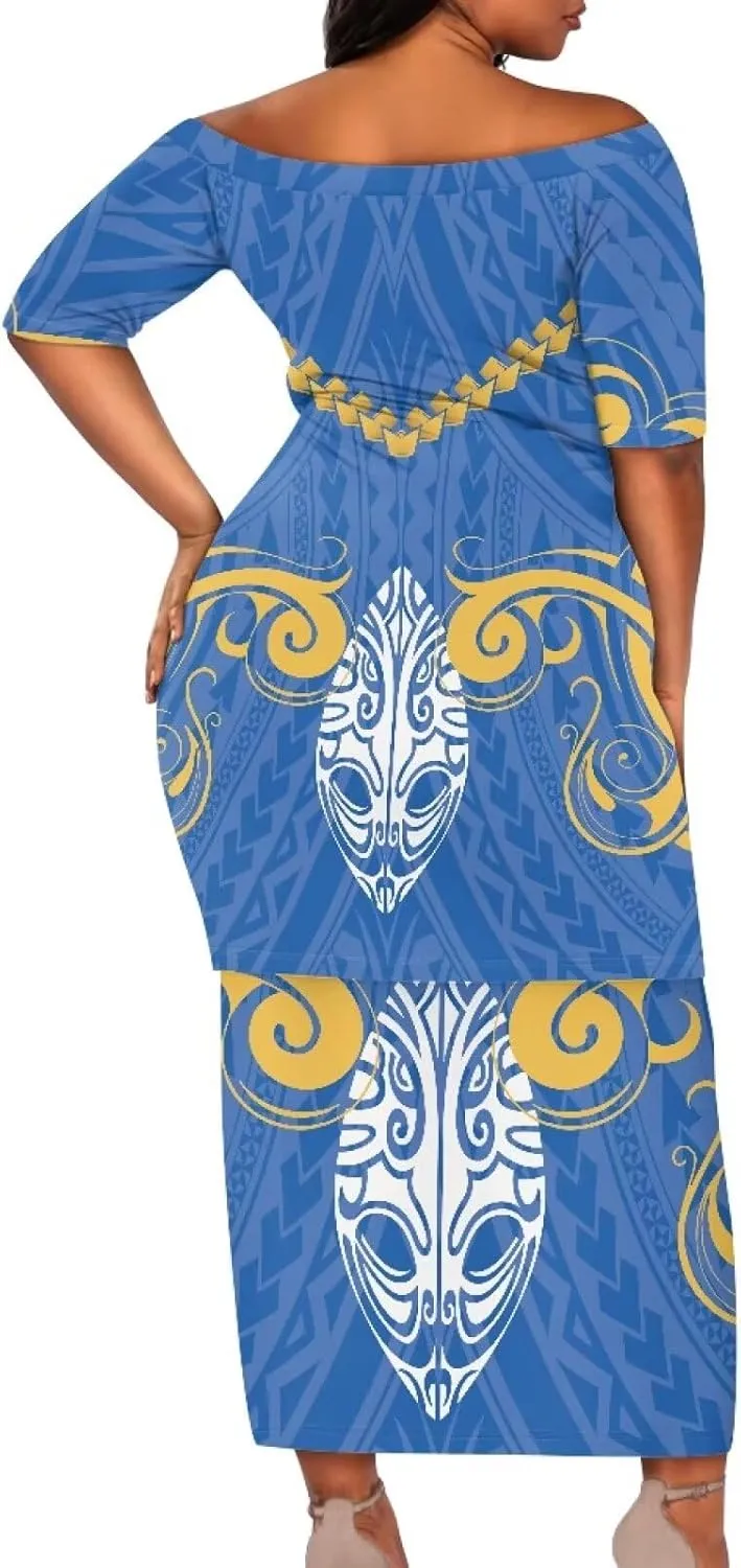 Women's Two Pieces Outfits Polynesian Puletasi Samoan Off Shoulder Crop Top and Maxi Skirt Set