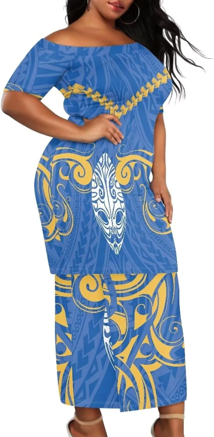 Women's Two Pieces Outfits Polynesian Puletasi Samoan Off Shoulder Crop Top and Maxi Skirt Set