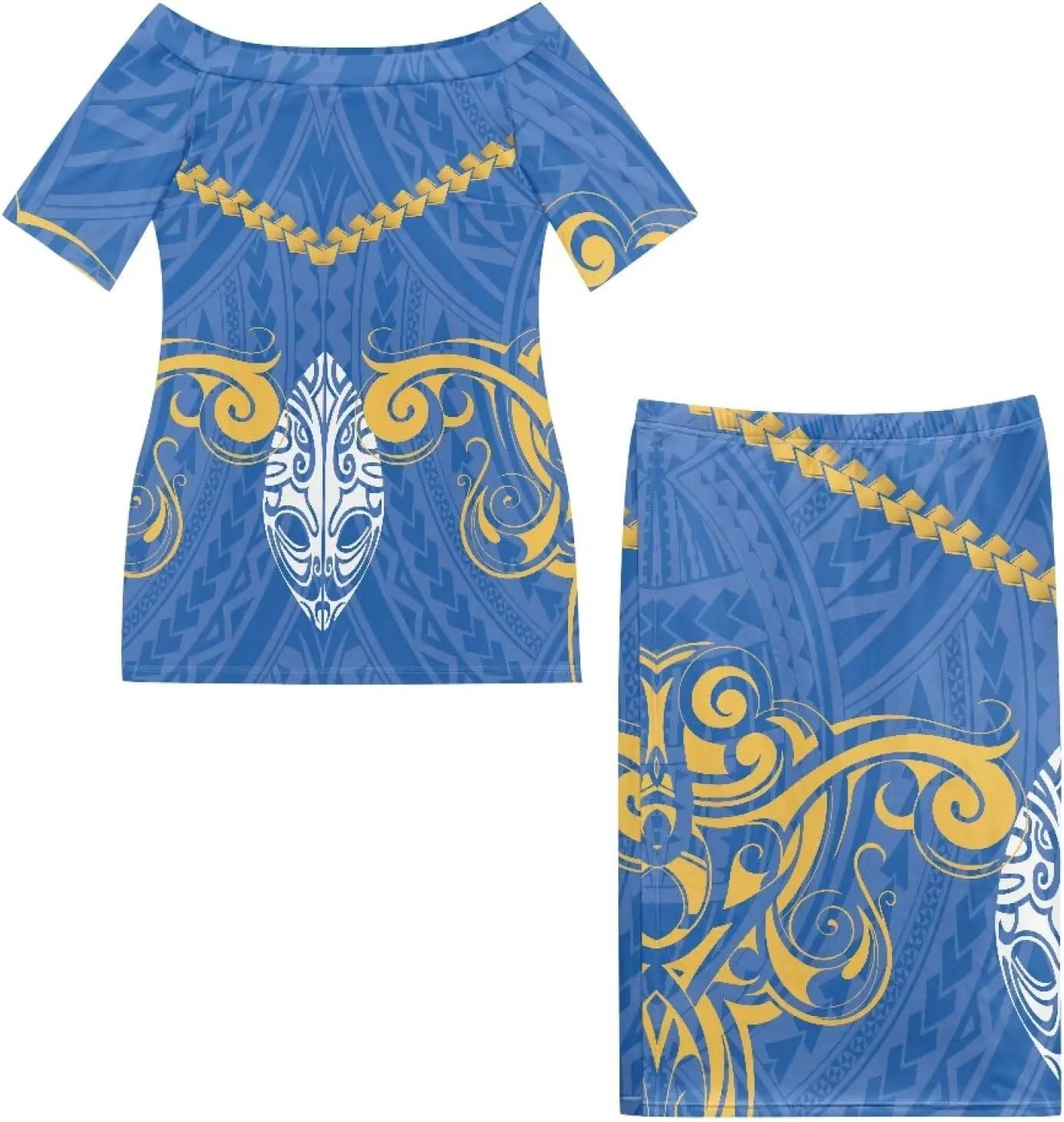 Women's Two Pieces Outfits Polynesian Puletasi Samoan Off Shoulder Crop Top and Maxi Skirt Set