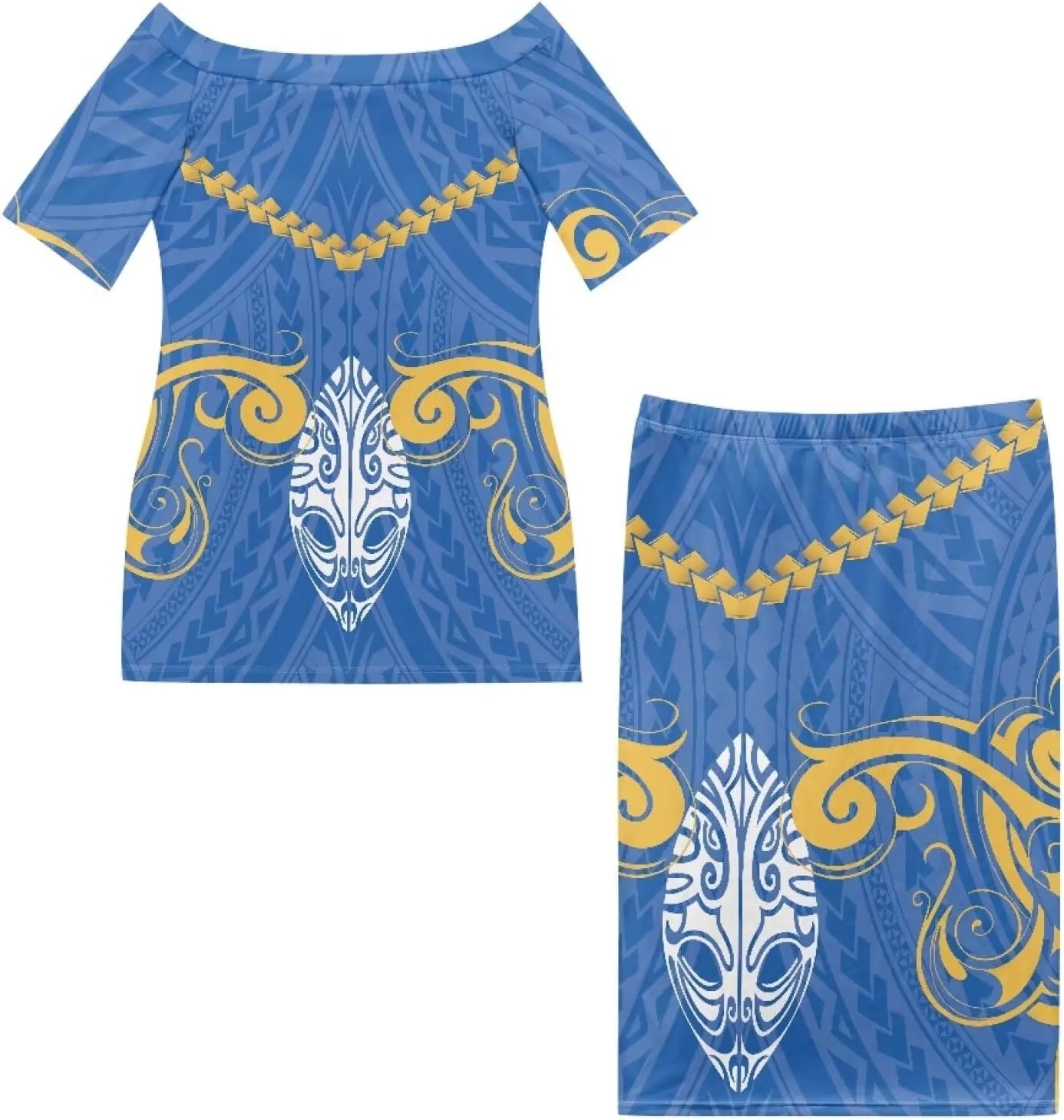 Women's Two Pieces Outfits Polynesian Puletasi Samoan Off Shoulder Crop Top and Maxi Skirt Set