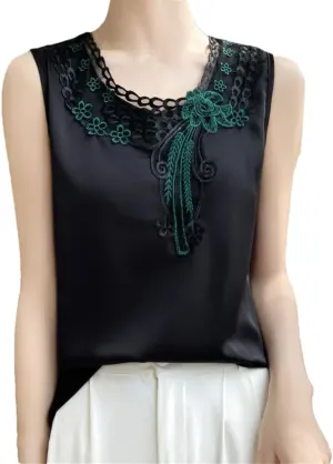Women's V-Neck Lace Printed Chinese Style Satin Temperament Sleeveless Camisole