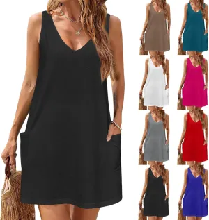 Women's V Neck Tank Dress Casual Sun Dresses Summer Sleeveless Swing Tunic Beach Mini Dress Sundress with Pockets